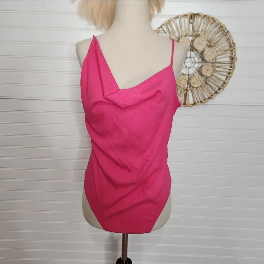 LULU'S Pink Ribbed Asymmetrical Cowl Neck Bodysuit XL NWT - Picture 2 of 11